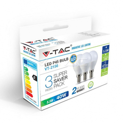 V-TAC LED žárovka E14, miniglobe 5,5W, 230V, 470lm,  4000K denní bílá, 180° balení 3ks