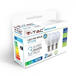 V-TAC LED žárovka E14, miniglobe 5,5W, 230V, 470lm,  2700K teplá bílá, 180st balení 3ks